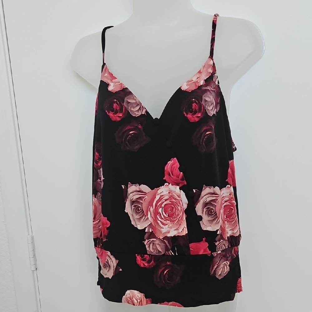 NWT White House Black Market Black and Pink Floral Rose Camisole